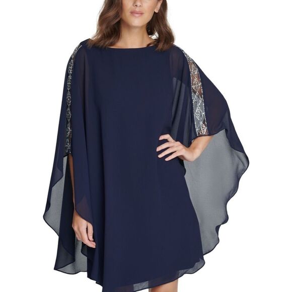 VINCE CAMUTO Navy Embellished Caped Crew Neck Evening Shift Dress - Picture 2 of 13
